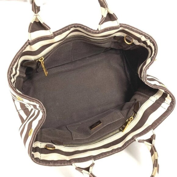 PRADA Canapa logo border Bag Tote Bag Hand Bag Canvas Brown/White - Picture 13 of 15